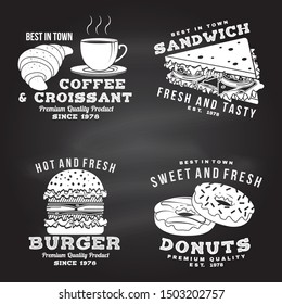 Set of fast food retro badge design on the chalkboard. Vector Vintage design with sandwich, coffee, croissant, burger, donuts for pub or fast food business. For restaurant identity objects, menu