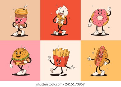 Set of fast food retro groovy cartoon character. Vintage mascot of burger, pizza, hot dog, ice cream, french fries, coffee to go, donut and soda with happy smile. Funky street food illustration