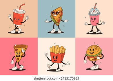 Set of fast food retro groovy cartoon character. Vintage mascot of burger, pizza, hot dog, ice cream, french fries, coffee to go, donut and soda with happy smile. Funky street food illustration