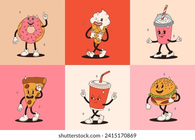 Juego de personajes de dibujos animados retro de comida rápida. Una mascota de la época de la hamburguesa, pizza, hot dog, helado, patatas fritas, café para ir, donut y refrescos con una sonrisa feliz. Grasa de comida callejera