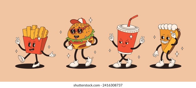 Set of fast food retro groovy cartoon character. Vintage mascot of burger, pizza, hot dog, ice cream, french fries, coffee to go, donut and soda with happy smile. Funky street food illustration