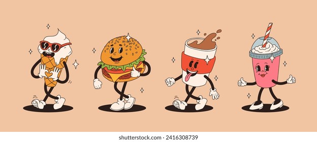 Set of fast food retro groovy cartoon character. Vintage mascot of burger, pizza, hot dog, ice cream, french fries, coffee to go, donut and soda with happy smile. Funky street food illustration