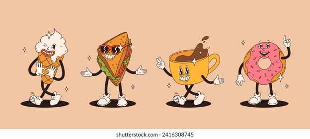 Set of fast food retro groovy cartoon character. Vintage mascot of burger, pizza, hot dog, ice cream, french fries, coffee to go, donut and soda with happy smile. Funky street food illustration