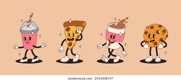 Set of fast food retro groovy cartoon character. Vintage mascot of burger, pizza, hot dog, ice cream, french fries, coffee to go, donut and soda with happy smile. Funky street food illustration