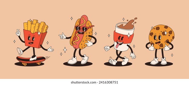 Juego de personajes de dibujos animados retro de comida rápida. Una mascota de la época de la hamburguesa, pizza, hot dog, helado, patatas fritas, café para ir, donut y refrescos con una sonrisa feliz. Grasa de comida callejera