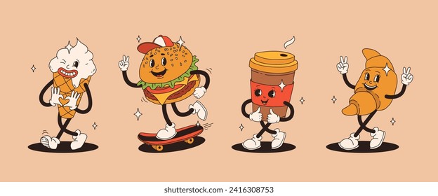 Set of fast food retro groovy cartoon character. Vintage mascot of burger, pizza, hot dog, ice cream, french fries, coffee to go, donut and soda with happy smile. Funky street food illustration