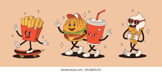 Set of fast food retro groovy cartoon character. Vintage mascot of burger with french fries on skateboard, soda and ice cream with glasses with happy smile. Funky street food illustration