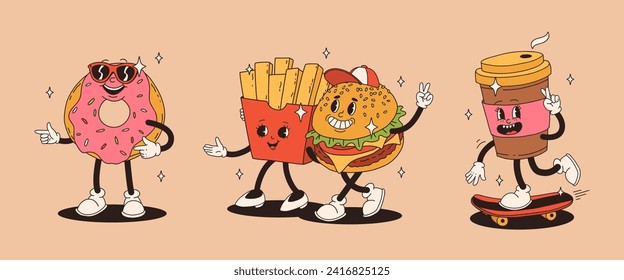 Set of fast food retro groovy cartoon character. Vintage mascot of burger with french fries, donut in glasses, and coffee to go on skateboard with happy smile. Funky street food illustration