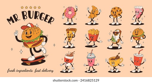 Juego de personajes de dibujos animados retro de comida rápida. Una mascota de la época de la hamburguesa, pizza, hot dog, helado, patatas fritas, café para ir, donut y refrescos con una sonrisa feliz. Grasa de comida callejera