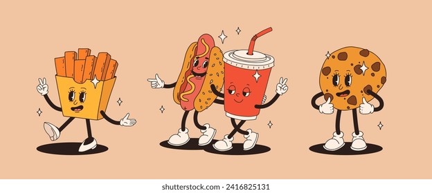 Set of fast food retro groovy cartoon character. Vintage mascot of burger, pizza, hot dog, ice cream, french fries, coffee to go, donut and soda with happy smile. Funky street food illustration