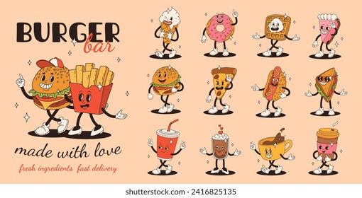 Set of fast food retro groovy cartoon character. Vintage mascot of burger, pizza, hot dog, ice cream, french fries, coffee to go, donut and soda with happy smile. Funky street food illustration