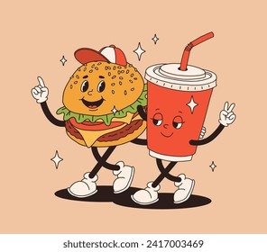 Set of fast food retro groovy cartoon character. Vintage mascot of burger with soda, burger with hat with happy smile. Funky street food illustration