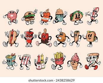 Set of fast food retro groovy cartoon character