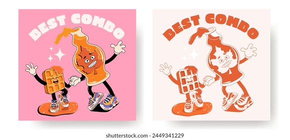 Set of fast food retro posters or cards with walking funny cute comic characters 60s-70s. Lettering illustration for t-shirt print. Mascots for restaurant. Waffles maple syrup, monochrome red palette