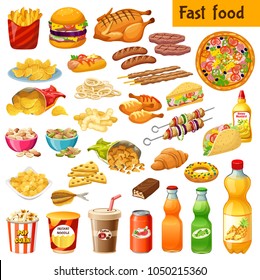 Set of fast food. Salted nuts, squid  rings, pop corn, cornflakes, corn  sticks, dried  fish, instant noodle, carbonated  drinks, chocolate bars, french fries. Isolated vector illustration.