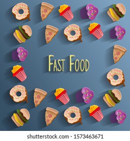 Set of fast food. Salted nuts, squid rings, pop corn, cornflakes, corn sticks, dried fish. Isolated vector illustration.