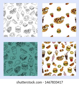 Set of fast food seamless backgrounds, vector