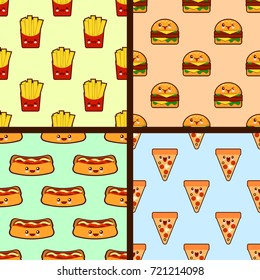 set of fast food seamless patterns kawaii characters. Flat design Vector Illustration