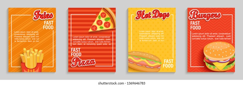 Set of fast food shop flyers,banners.Collection of fries, pizza, hot dog, burger menu pages for caffee, resaurant. Posters, cards for cafeteris truck advertise.Template for design,vector illustration.