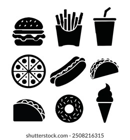 Conjunto de Silhuetas Fast food: Pizza, hambúrguer, Hambúrguer, Suco, Cola, Tacos, Ícones de rosquinha. Ilustração de vetor monocromático para design de menu, marca de caminhão de alimentos e materiais de marketing de restaurantes.