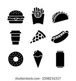 Conjunto de Silhuetas Fast food: Pizza, hambúrguer, Hambúrguer, Suco, Cola, Tacos, Ícones de rosquinha. Ilustração de vetor monocromático para design de menu, marca de caminhão de alimentos e materiais de marketing de restaurantes.