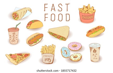 Set of fast food in sketch style, color image on a white background. For menu design, flyer, fast food cafe booklet. Vector illustration.