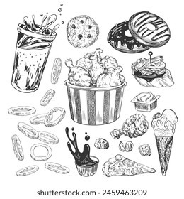 Set of fast food. Sketch style chicken nuggets, dipping sauce, donut, fried onion rings, soda, ice cream, pizza, tapas. Hand drawn collection of street food isolated in white background