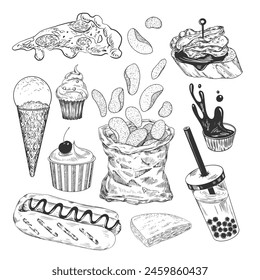 Set of fast food. Sketch style chips bag, bubble tea, hot dog, pizza, sauce. Engraved desserts, cupcake, ice cream. Spanish tapas. Hand drawn collection of street food isolated in white background