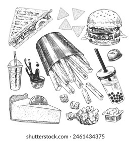 Set of fast food. Sketch style french fries, cheesecake, bubble tea, burger, sandwich, chips, chicken nuggets, dipping sauce. Hand drawn collection of street food isolated in white background