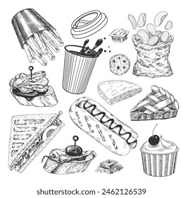 Set of fast food. Sketch style french fries, hot dog, glass of coffee, ice cream, sandwich, bag of chips, khachapuri, apple pie. Hand drawn collection of street food isolated in white background