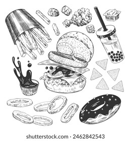 Set of fast food. Sketch style hamburger, french fries, sauce, chicken nuggets, burger, donut, fried onion rings, bubble tea, chips. Hand drawn collection of street food isolated in white background