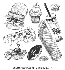 Set of fast food. Sketch style shawarma, bubble tea, pizza, burger, chocolate, donut, cupcake, tapas. Hand drawn collection of street food isolated in white background