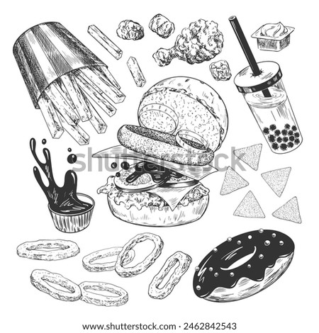 Set of fast food. Sketch style hamburger, french fries, sauce, chicken nuggets, burger, donut, fried onion rings, bubble tea, chips. Hand drawn collection of street food isolated in white background