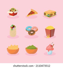 set of fast food snacks and pastry