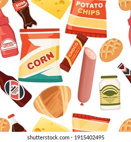 Set of fast food soda chocolate bar beer sausage bread and snack product set flying abstract vector illustration on white background