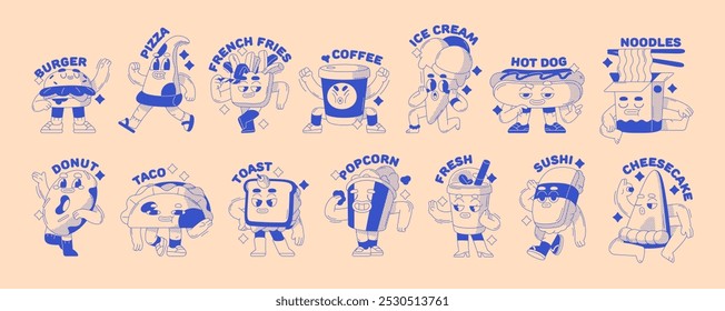 Set of fast food stickers in groovy style. Different retro fastfood: sushi, pizza, burger, noodle, drinks. Funky characters with happy faces have fun. Flat isolated outline vector illustrations