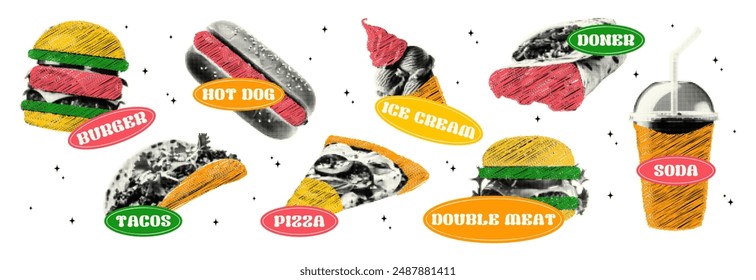 Set of fast food stickers with a halftone effect. Burger, pizza, ice cream, such, doner in the style of a modern retro collage. Vector illustration with doodles in pencil, felt-tip pen, torn texture