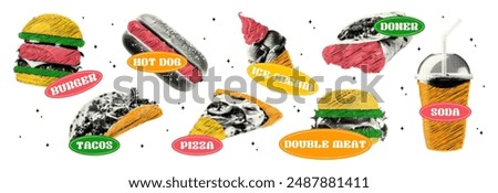 Set of fast food stickers with a halftone effect. Burger, pizza, ice cream, such, doner in the style of a modern retro collage. Vector illustration with doodles in pencil, felt-tip pen, torn texture