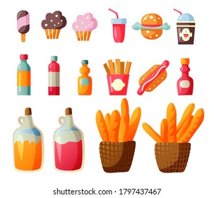 A set of fast food stickers isolated on a white background. Vector illustration