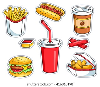  Set of fast food stickers. Vector cartoon illustration. Isolated on white.