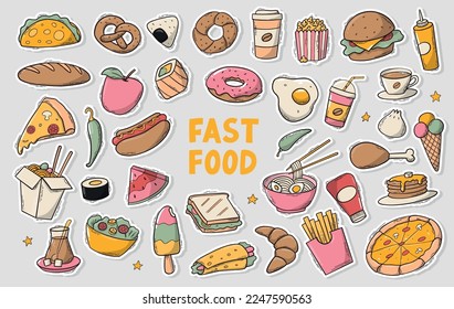 set of fast food stikcers, doodles, clip art for planners, prints, cards, menues, etc. EPS 10