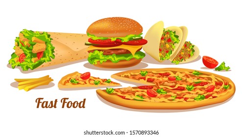 Set of fast food. Street cafe, cooking, junk food, restaurant menu concept. Burger, Kebab, Tacos, Pizza and French fries. Vector illustration for banner, poster, website, menu, flyer.