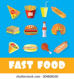 Set of fast food in the style of flat art vector illustration