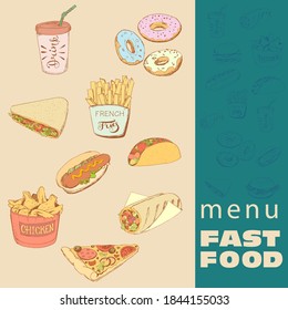 Set of fast food in the style of a sketch on a craft background. For menu design, flyer, fast food cafe booklet. Vector illustration.