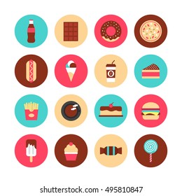 Set Of Fast Food And Sweet Flat Icon, High Calories, Isolated On White Background