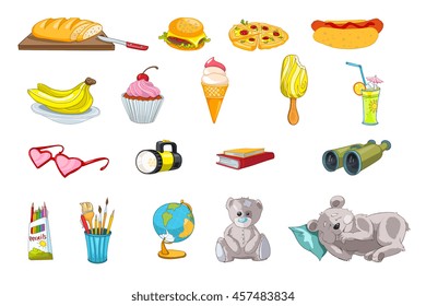 Set of fast food and sweets - pizza, hot dog, hamburger, cupcake, ice-cream. Set of kid things - books, pencils, teddy bear, brush for drawing, globe. Vector illustration isolated on white background.