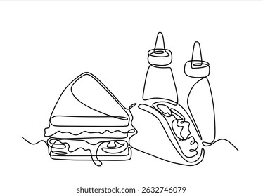 Conjunto de fast food com tacos, sanduíche, ketchup em estilo de desenho contínuo de uma linha de arte. Comida de rua. Linha única. Comida de viagem, esboço linear de comida de lixo para menu, banner, cartaz. Traçado editável. 