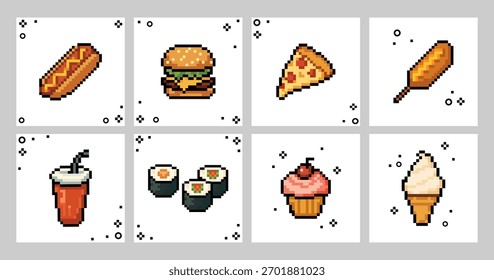 Set of fast food templates with pixel art food icons in a square layout, for mobile apps, games, UI design, cafe menus, fast food branding, bistro, packaging and digital content. Vector illustration