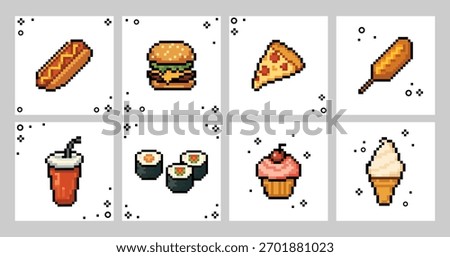 Set of fast food templates with pixel art food icons in a square layout, for mobile apps, games, UI design, cafe menus, fast food branding, bistro, packaging and digital content. Vector illustration