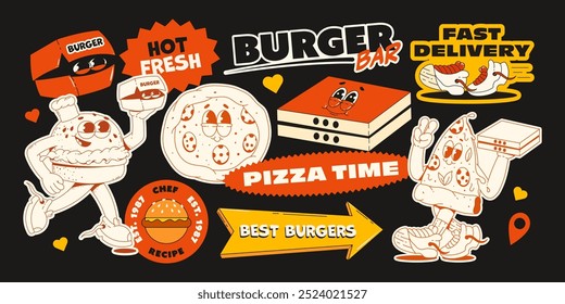 Um conjunto de adesivos com temas de fast food. Personagens retrô groovy pizza e hambúrguer, patches e adesivos para bares, cafés e restaurantes.